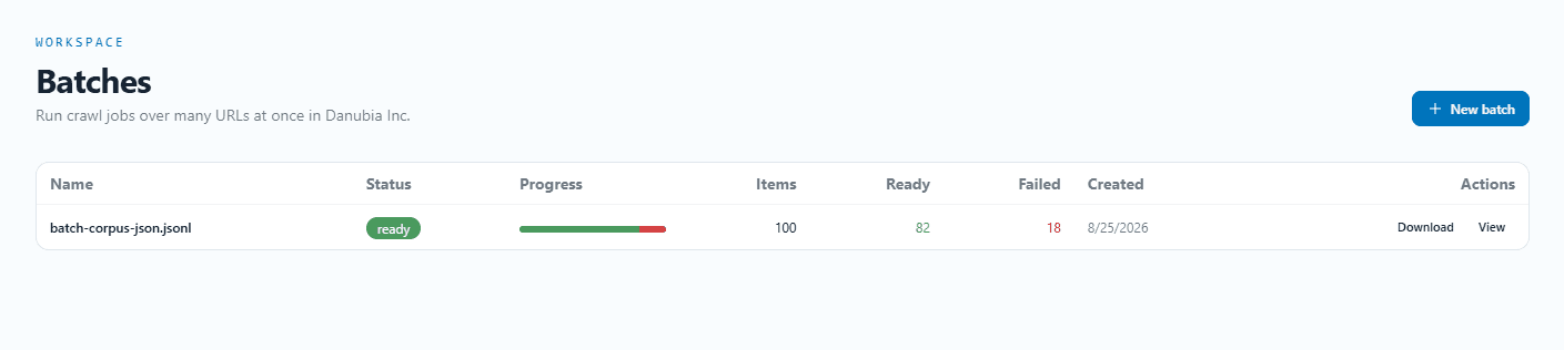The batches screen in the dashboard