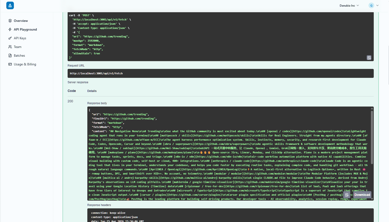 A sample fetch response in the dashboard playground
